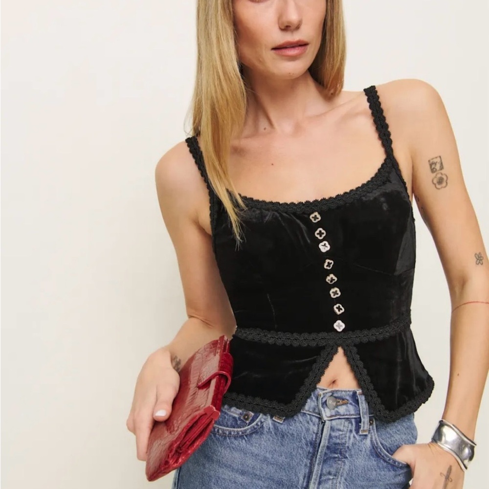 Reformation Black Velvet Lace-Trim Camisole